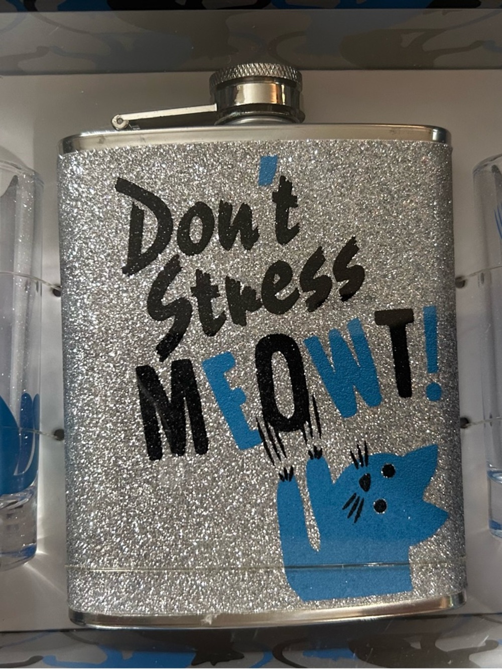Wink  'Don't Stress Meow!' Glitter Hip Flask with two shot glasses.